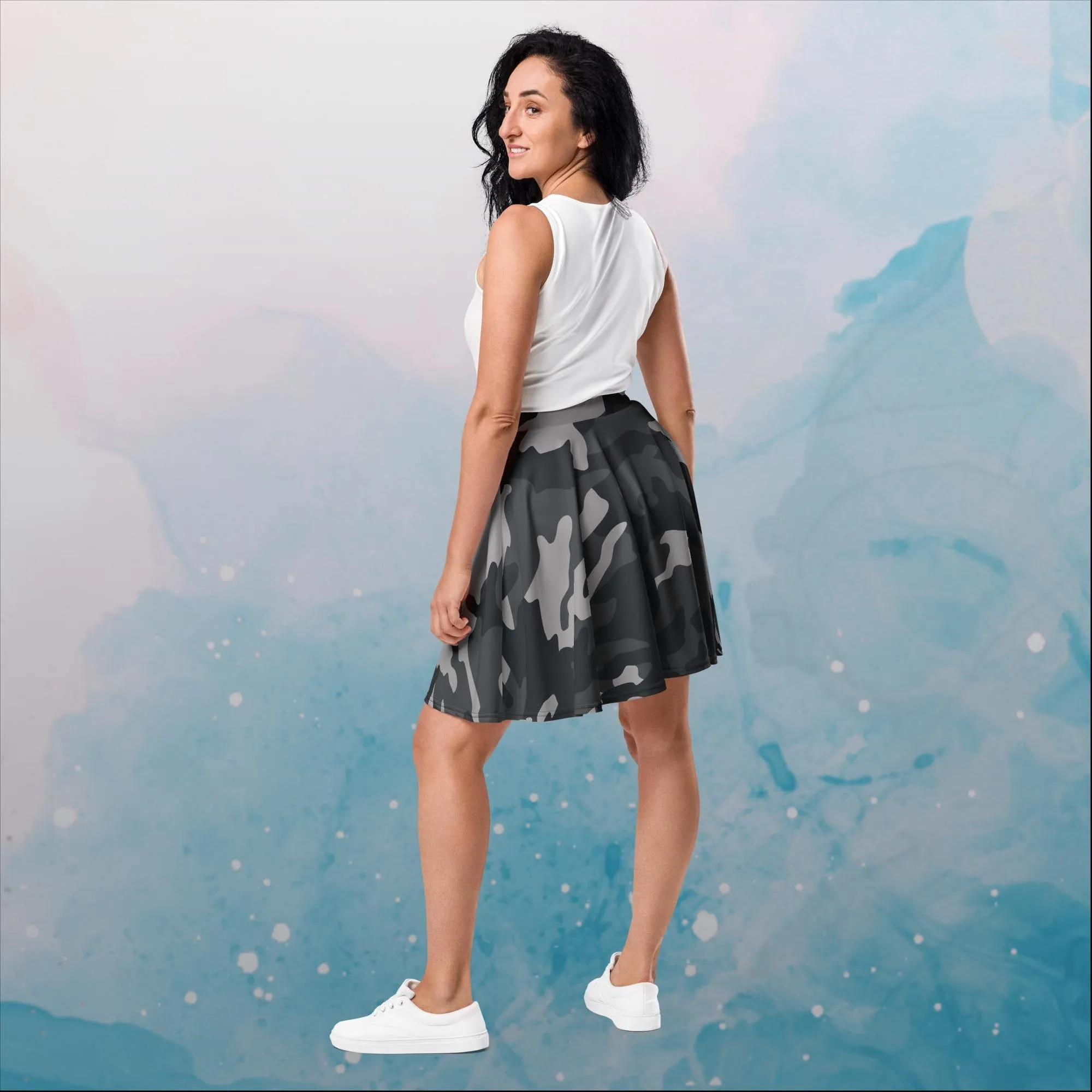 Black and Grey Camo Print Womens Skater Skirt