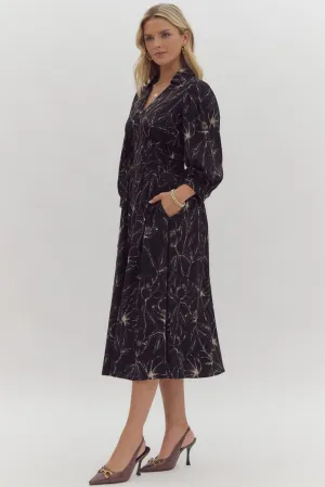 Black Floral Print Zip Up Midi Dress