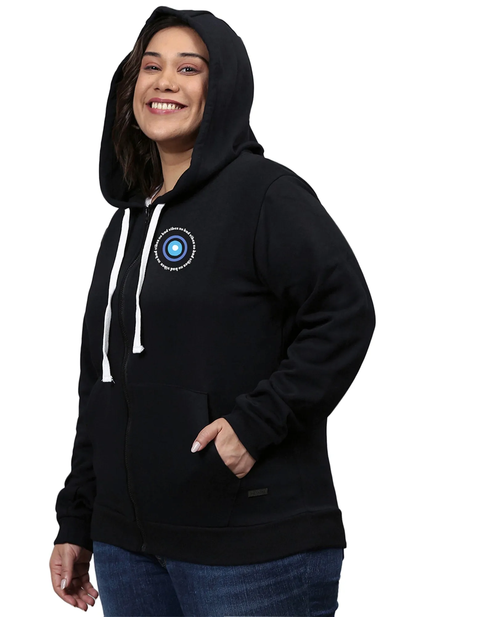 Black "no bad vibes" Printed Hooded Sweatshirt | Black