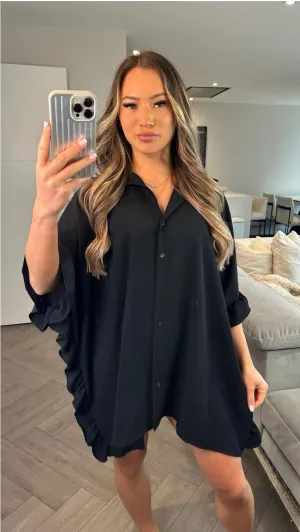 Black Side Frill Shirt Dress