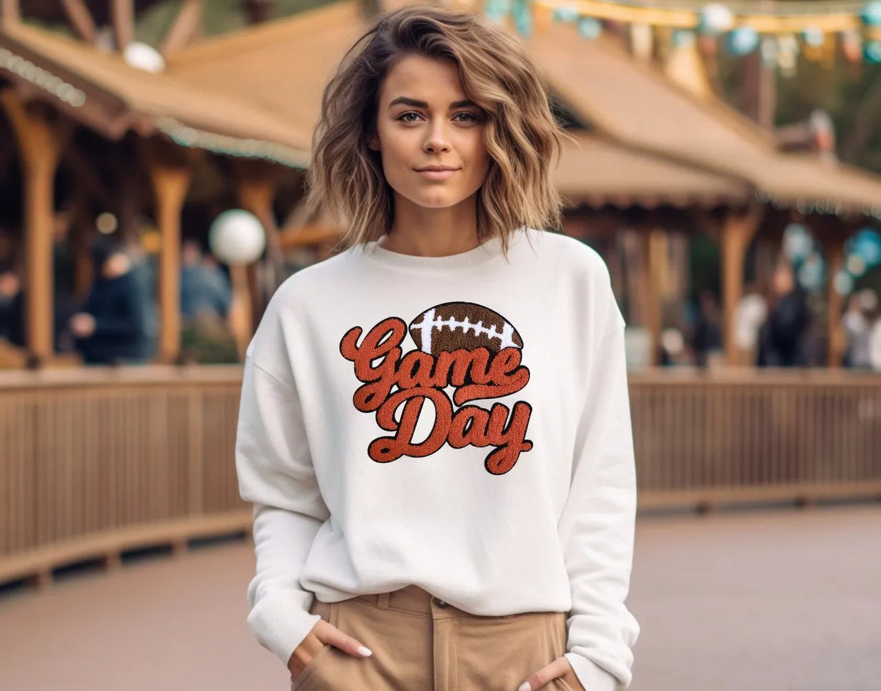 Chenille Burnt Orange Game Day Football Crewneck Sweatshirt