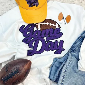 Chenille Purple Game Day Football Crewneck Sweatshirt