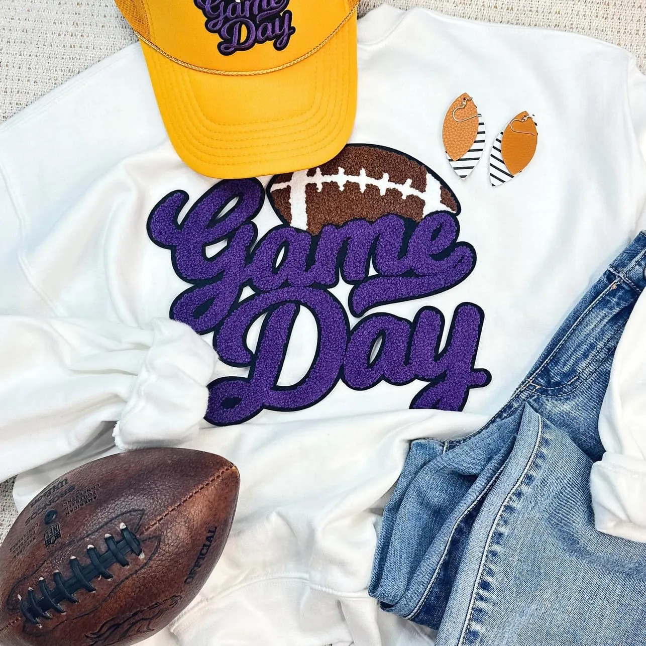 Chenille Purple Game Day Football Crewneck Sweatshirt