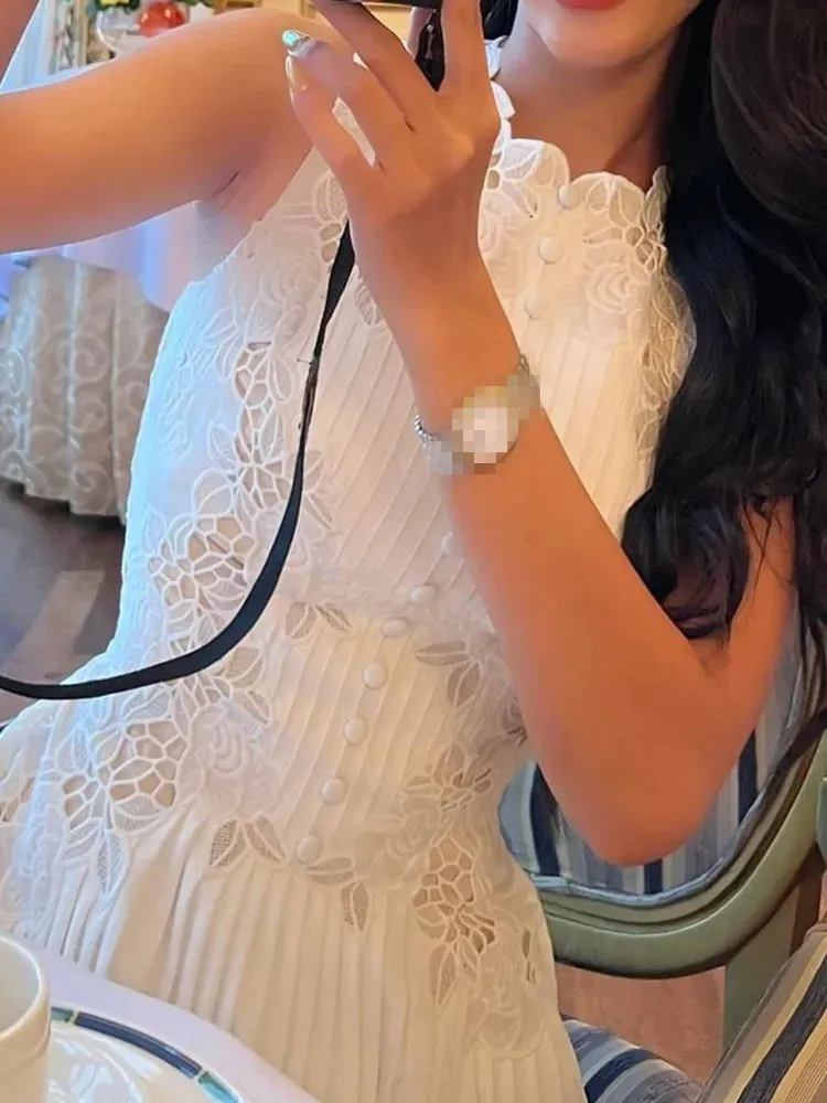 Dresses Women 2023 New Fashion White Sleeveless Summer Dress Ladies Lace Rose Embroidery Flower Elegant Long Dresses Vestidos