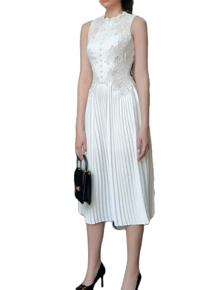 Dresses Women 2023 New Fashion White Sleeveless Summer Dress Ladies Lace Rose Embroidery Flower Elegant Long Dresses Vestidos