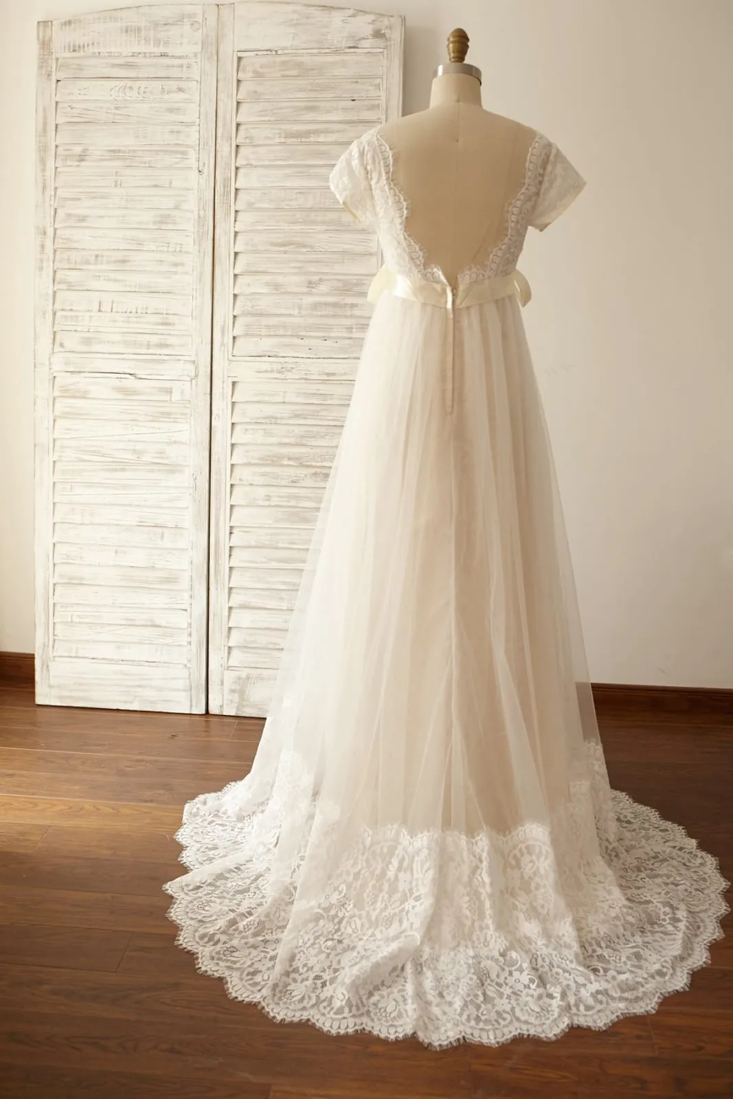 Empire Waistline Maternity Cap Sleeves Lace Tulle Wedding Dress