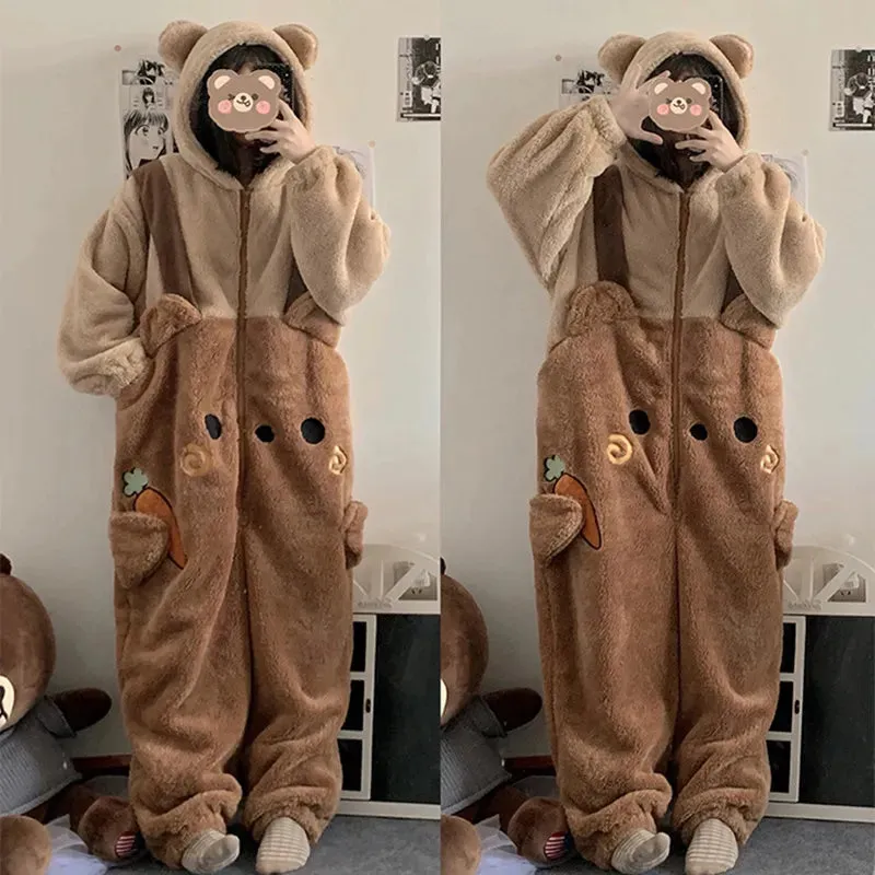 Getadme Cartoon Fleece Pyjama Flannel Anime Onesie Adults Animal Pajamas Set Women Men Warm Winter Bear Sleepwear Cosplay Halloween