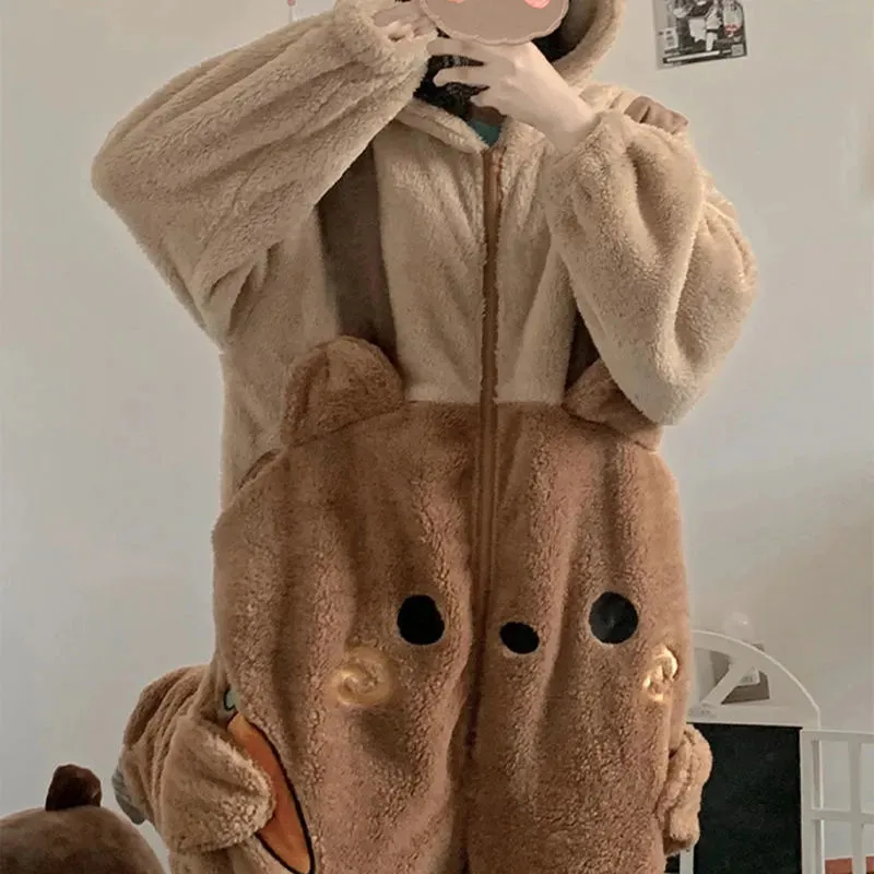 Getadme Cartoon Fleece Pyjama Flannel Anime Onesie Adults Animal Pajamas Set Women Men Warm Winter Bear Sleepwear Cosplay Halloween