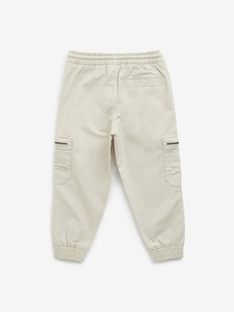 HOP Kids Light Beige Mid-Rise Cotton Blend Cargo Joggers