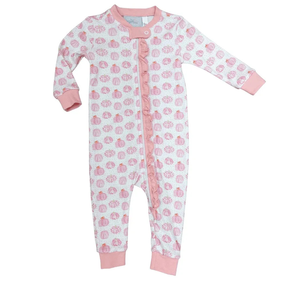 James & Lottie Girls One Piece Zip Up Jammies - Pumpkins - Pink