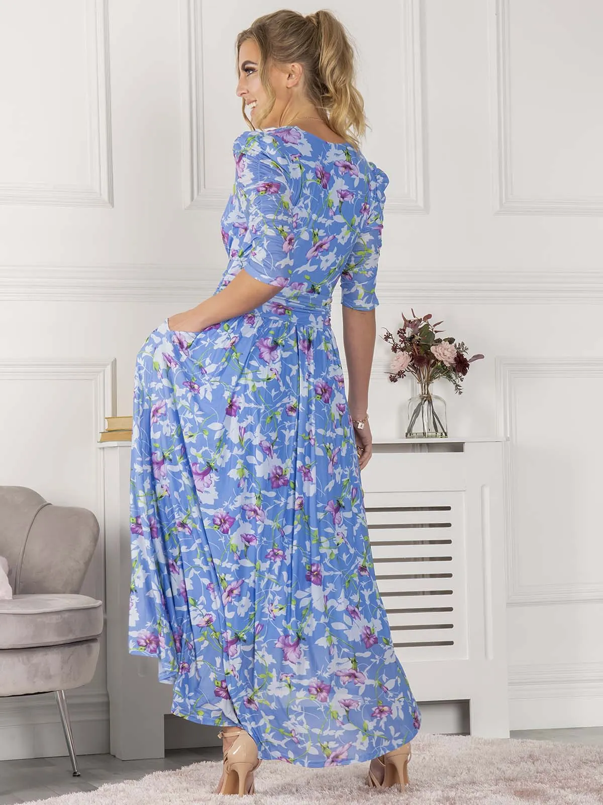 Jolie Moi Ressie Dip Hem Maxi Dress, Blue Floral