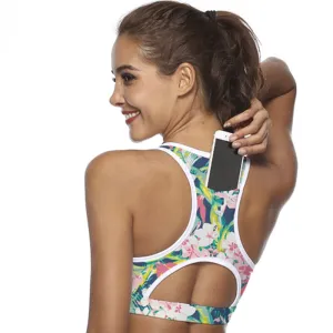 KEEP DIVING  Women's Supportive Athletic Active Wear Top with Pocket - Multiple Prints
