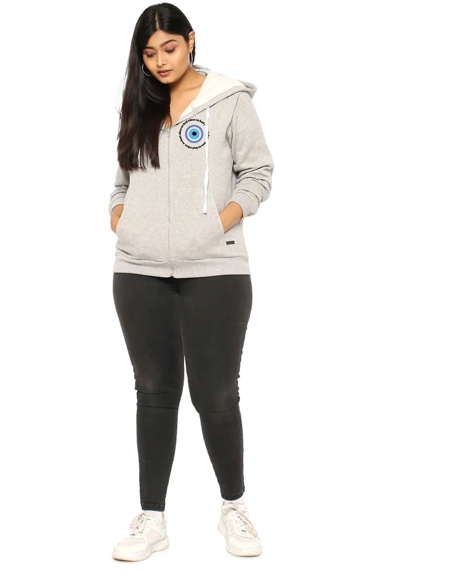 Light Grey Hooded "no bad vibes" Printed Sweatshirt | Light Grey