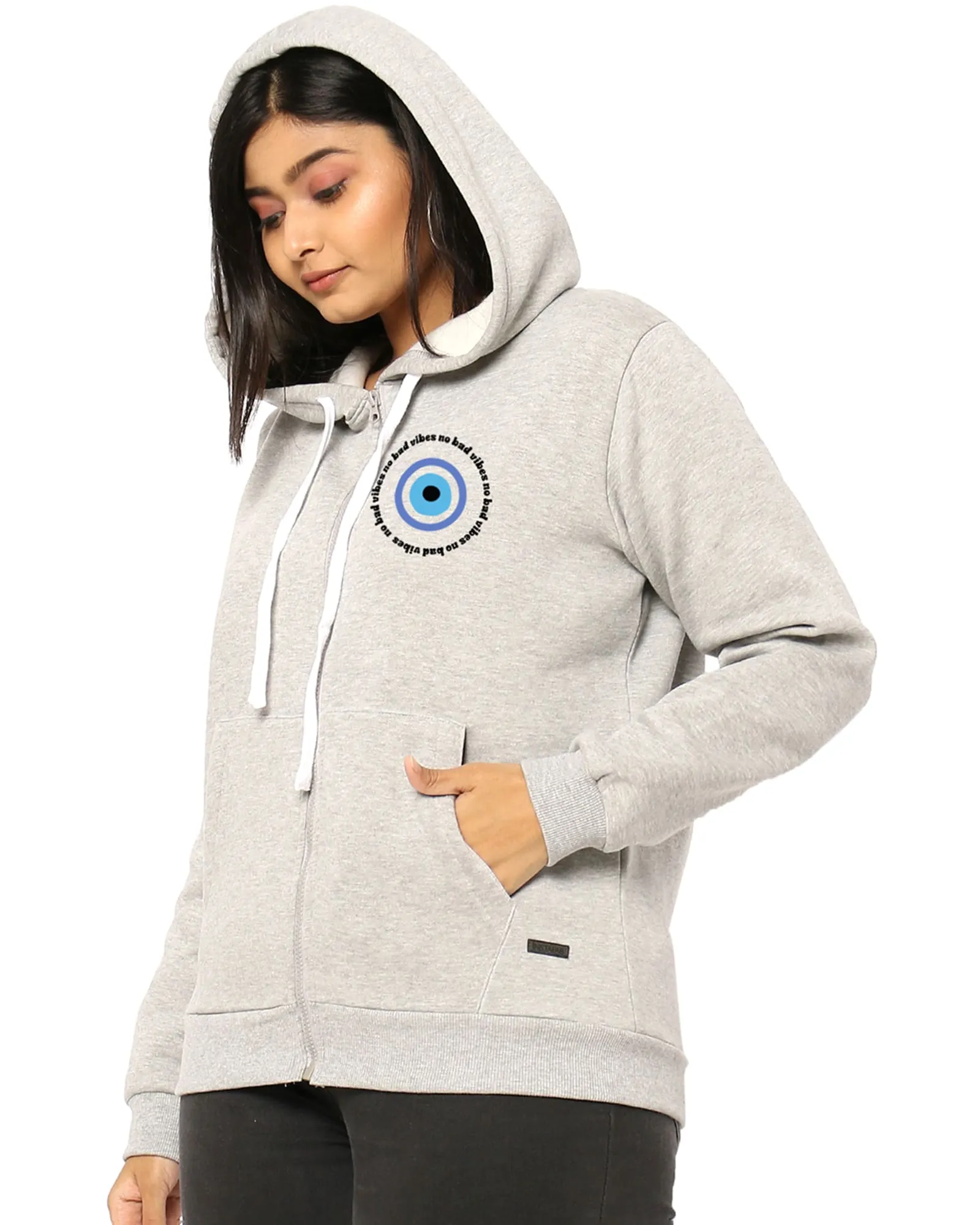 Light Grey Hooded "no bad vibes" Printed Sweatshirt | Light Grey