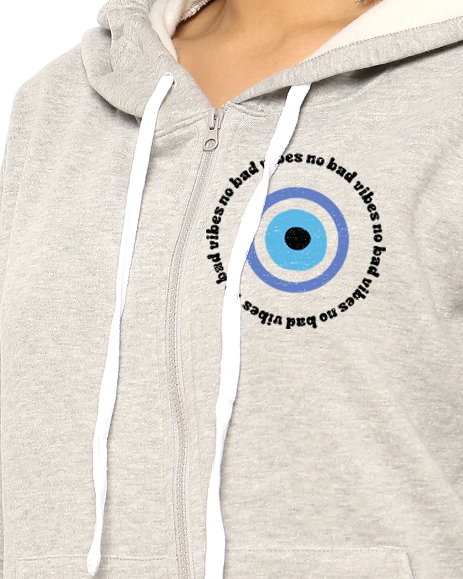 Light Grey Hooded "no bad vibes" Printed Sweatshirt | Light Grey