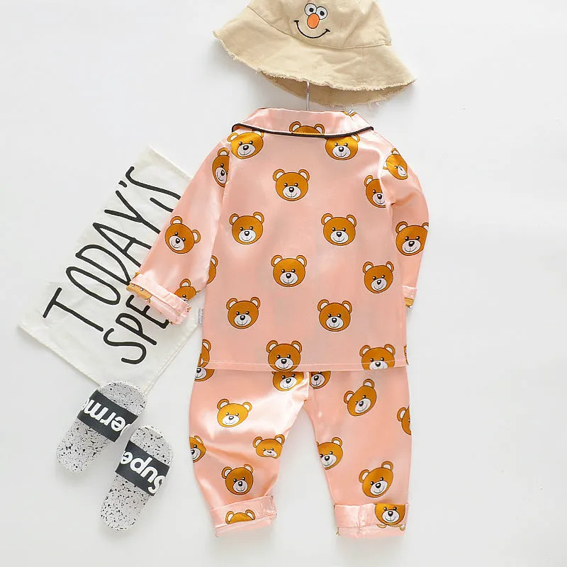 Long sleeve ice silk bear pajamas set for boys and girls