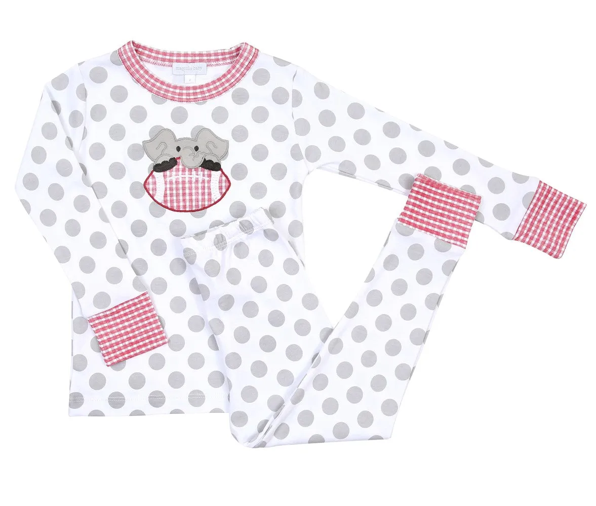 Magnolia Baby Gray Dots - Red Alabama Elephant Football Applique Pajamas