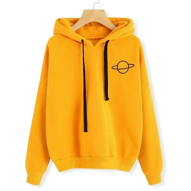 OEAK Women Hoodies Casual Kpop Planet Print Solid Loose Drawstring Sweatshirt Long Sleeve Hooded 2019 Autumn Female Pullover
