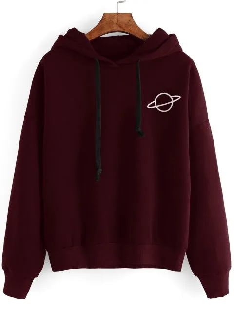 OEAK Women Hoodies Casual Kpop Planet Print Solid Loose Drawstring Sweatshirt Long Sleeve Hooded 2019 Autumn Female Pullover