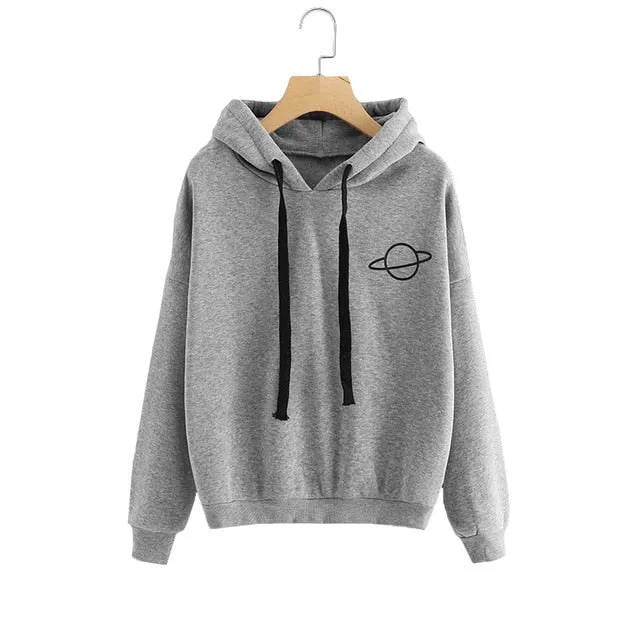 OEAK Women Hoodies Casual Kpop Planet Print Solid Loose Drawstring Sweatshirt Long Sleeve Hooded 2019 Autumn Female Pullover