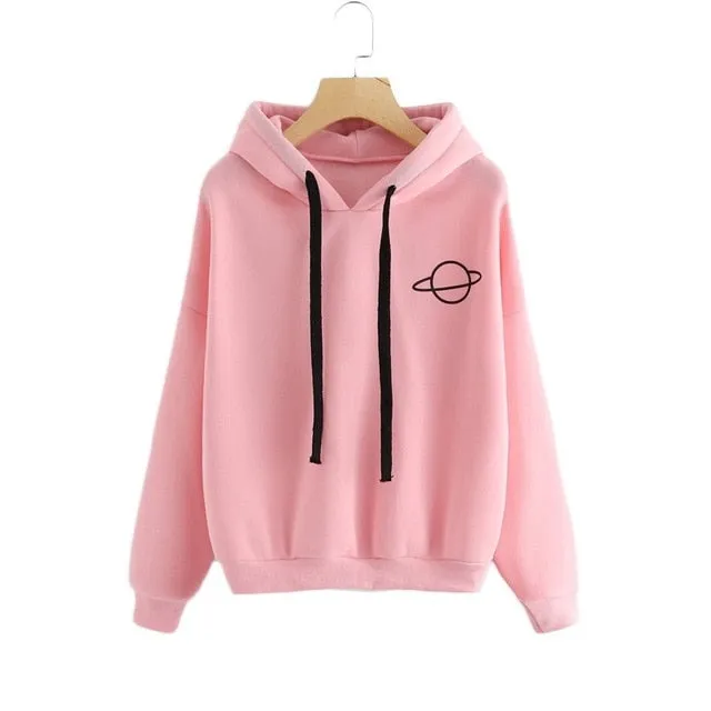 OEAK Women Hoodies Casual Kpop Planet Print Solid Loose Drawstring Sweatshirt Long Sleeve Hooded 2019 Autumn Female Pullover