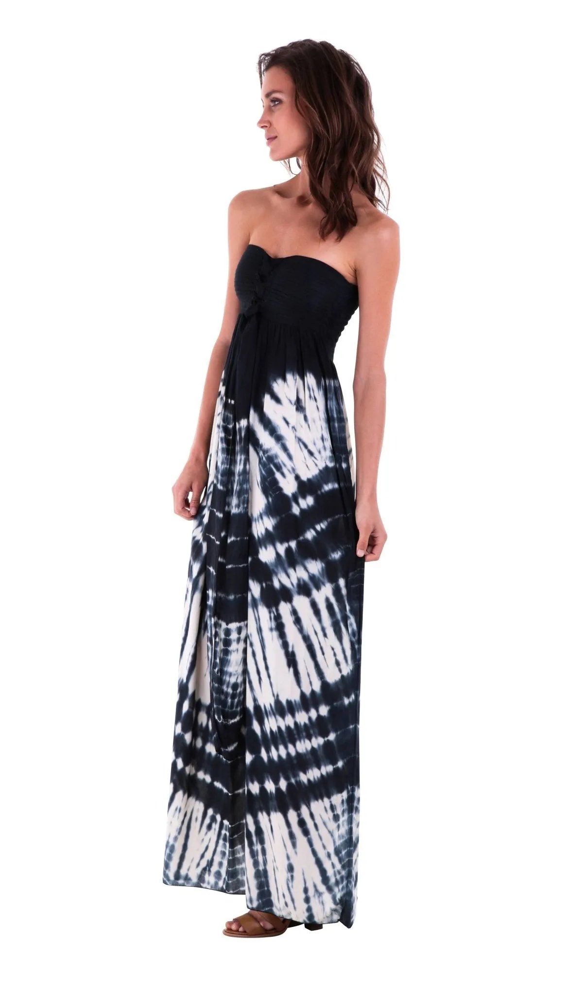 SHU-SHI Women's Summer Long Tie Dye Strapless Maxi Dress - One Size - Navy Blue/Off White