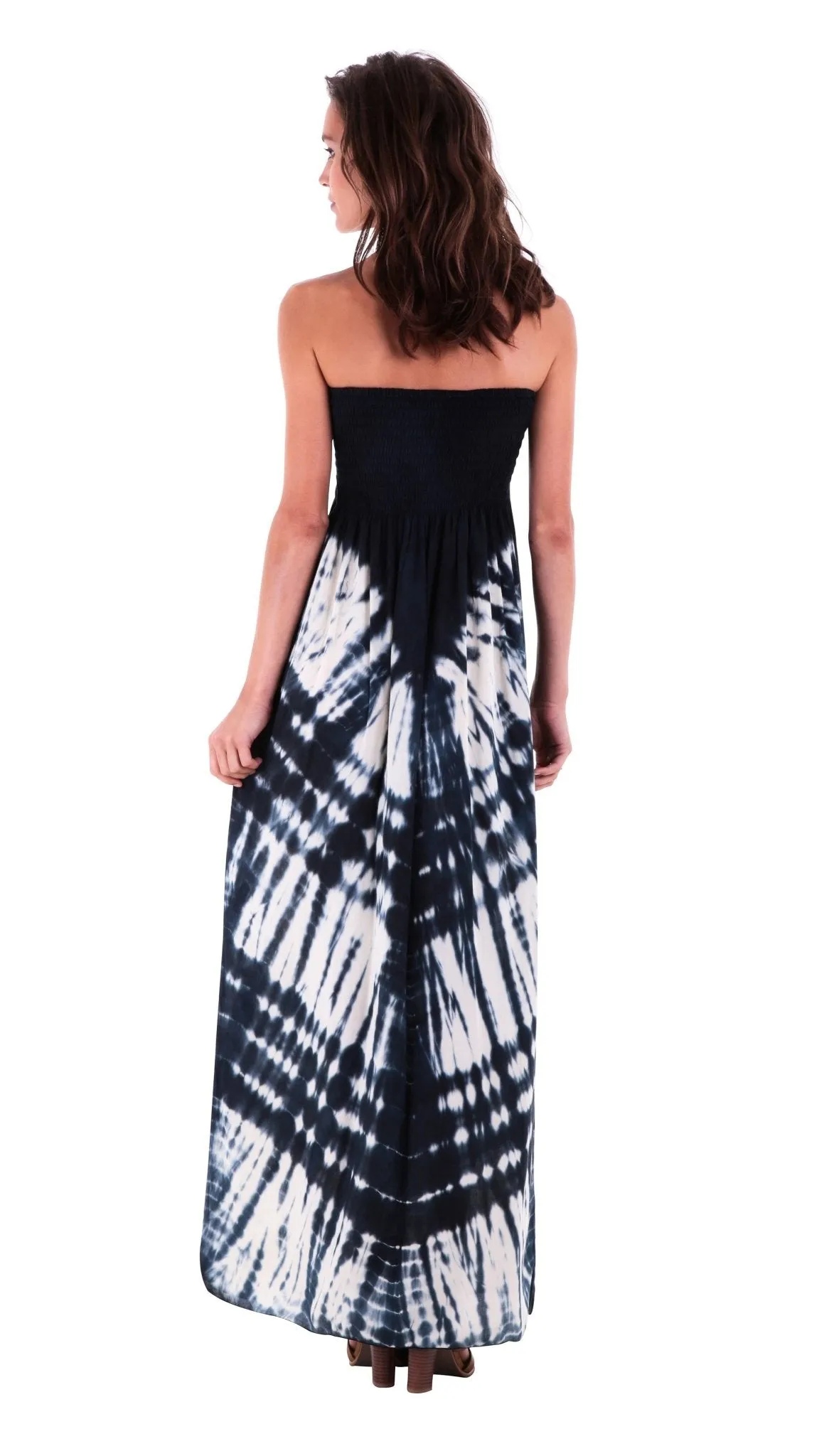 SHU-SHI Women's Summer Long Tie Dye Strapless Maxi Dress - One Size - Navy Blue/Off White