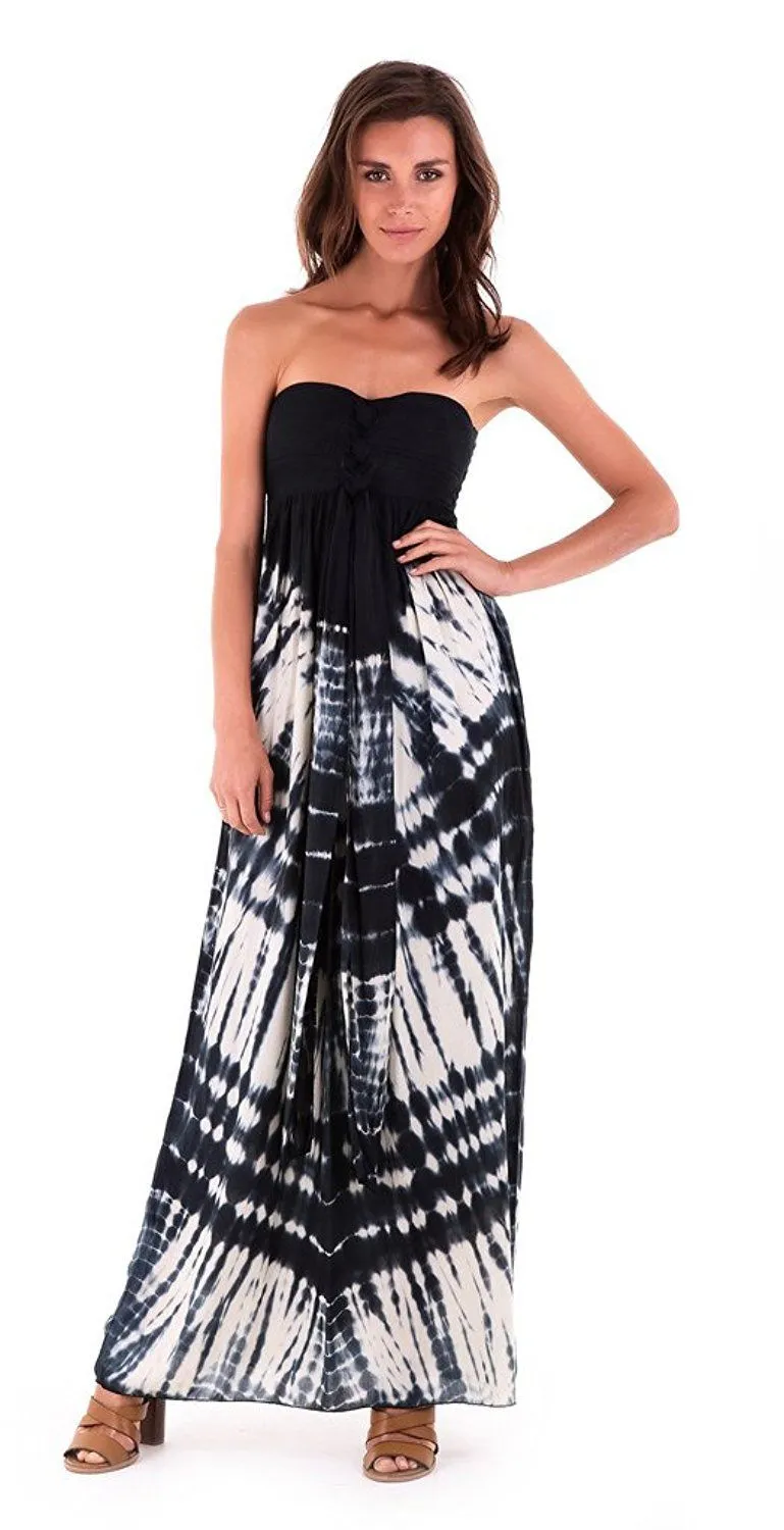 SHU-SHI Women's Summer Long Tie Dye Strapless Maxi Dress - One Size - Navy Blue/Off White