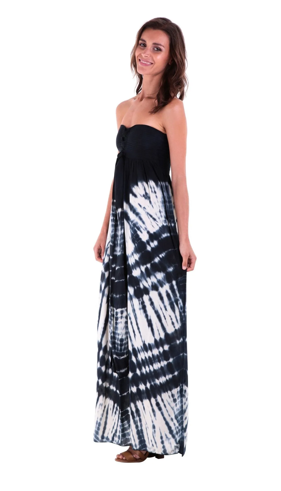 SHU-SHI Women's Summer Long Tie Dye Strapless Maxi Dress - One Size - Navy Blue/Off White
