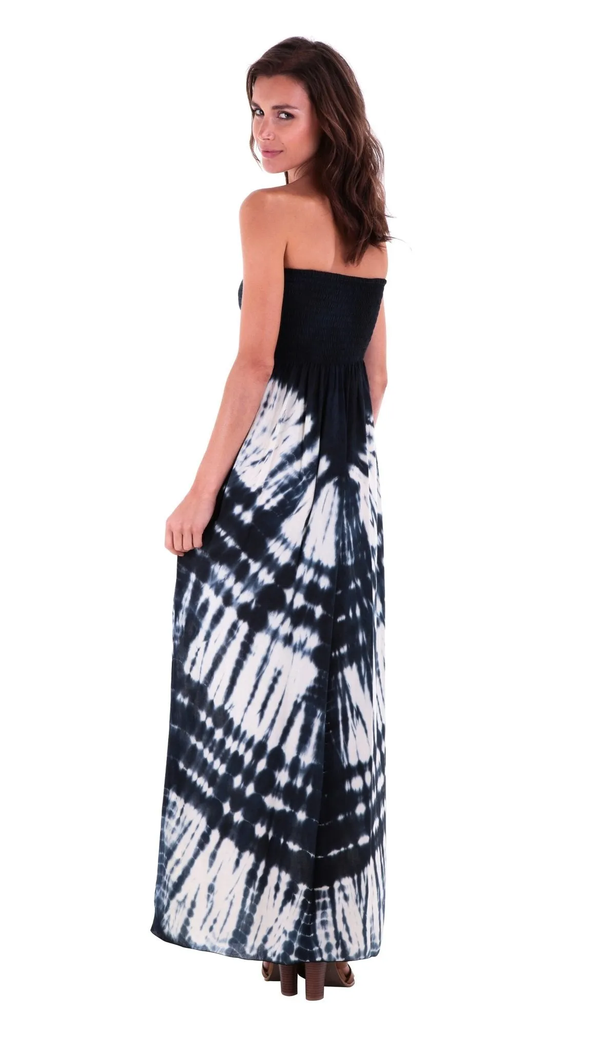 SHU-SHI Women's Summer Long Tie Dye Strapless Maxi Dress - One Size - Navy Blue/Off White