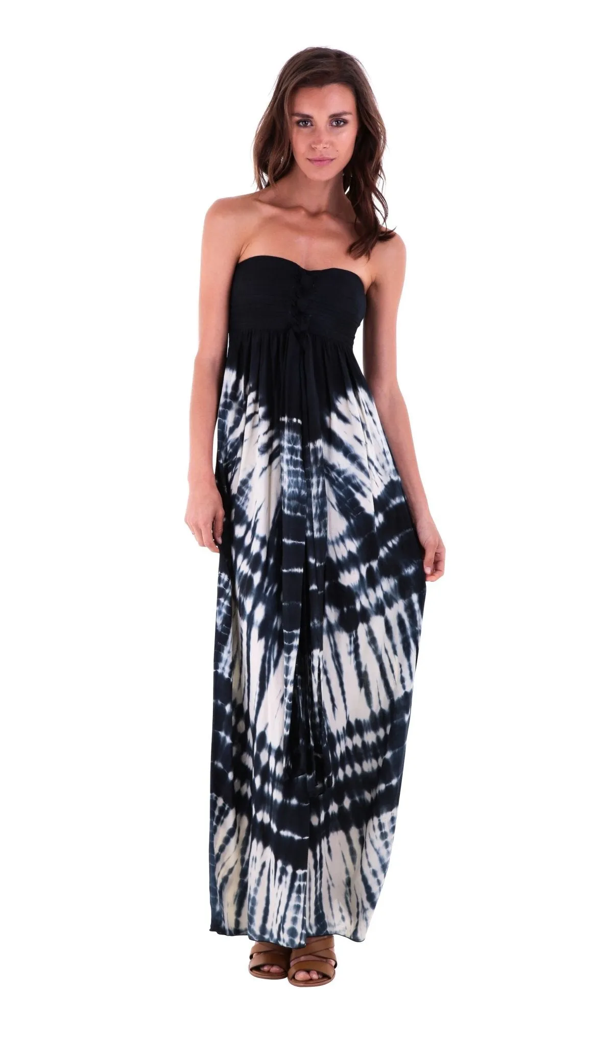 SHU-SHI Women's Summer Long Tie Dye Strapless Maxi Dress - One Size - Navy Blue/Off White