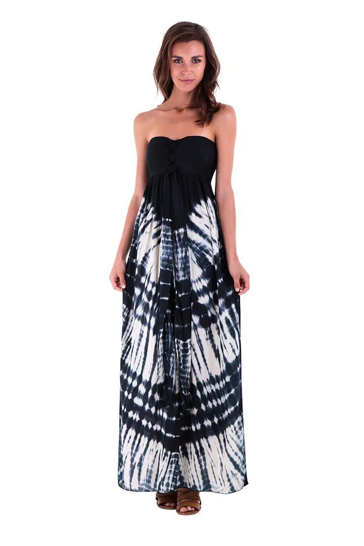 SHU-SHI Women's Summer Long Tie Dye Strapless Maxi Dress - One Size - Navy Blue/Off White