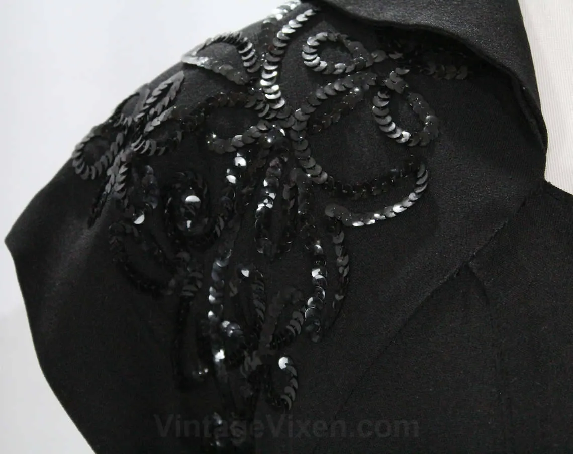 Size 8 1930s Maternity Dress - Black Rayon Crepe & Sequins Soutache - Short Sleeve Authentic 30s Cocktail - Dressing For Two Label - Bust 35