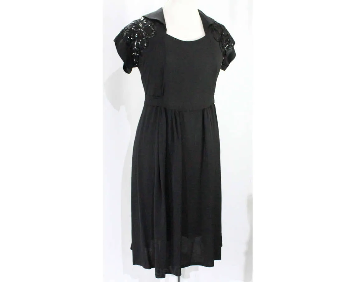 Size 8 1930s Maternity Dress - Black Rayon Crepe & Sequins Soutache - Short Sleeve Authentic 30s Cocktail - Dressing For Two Label - Bust 35