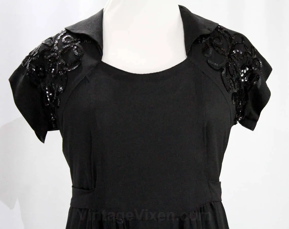 Size 8 1930s Maternity Dress - Black Rayon Crepe & Sequins Soutache - Short Sleeve Authentic 30s Cocktail - Dressing For Two Label - Bust 35