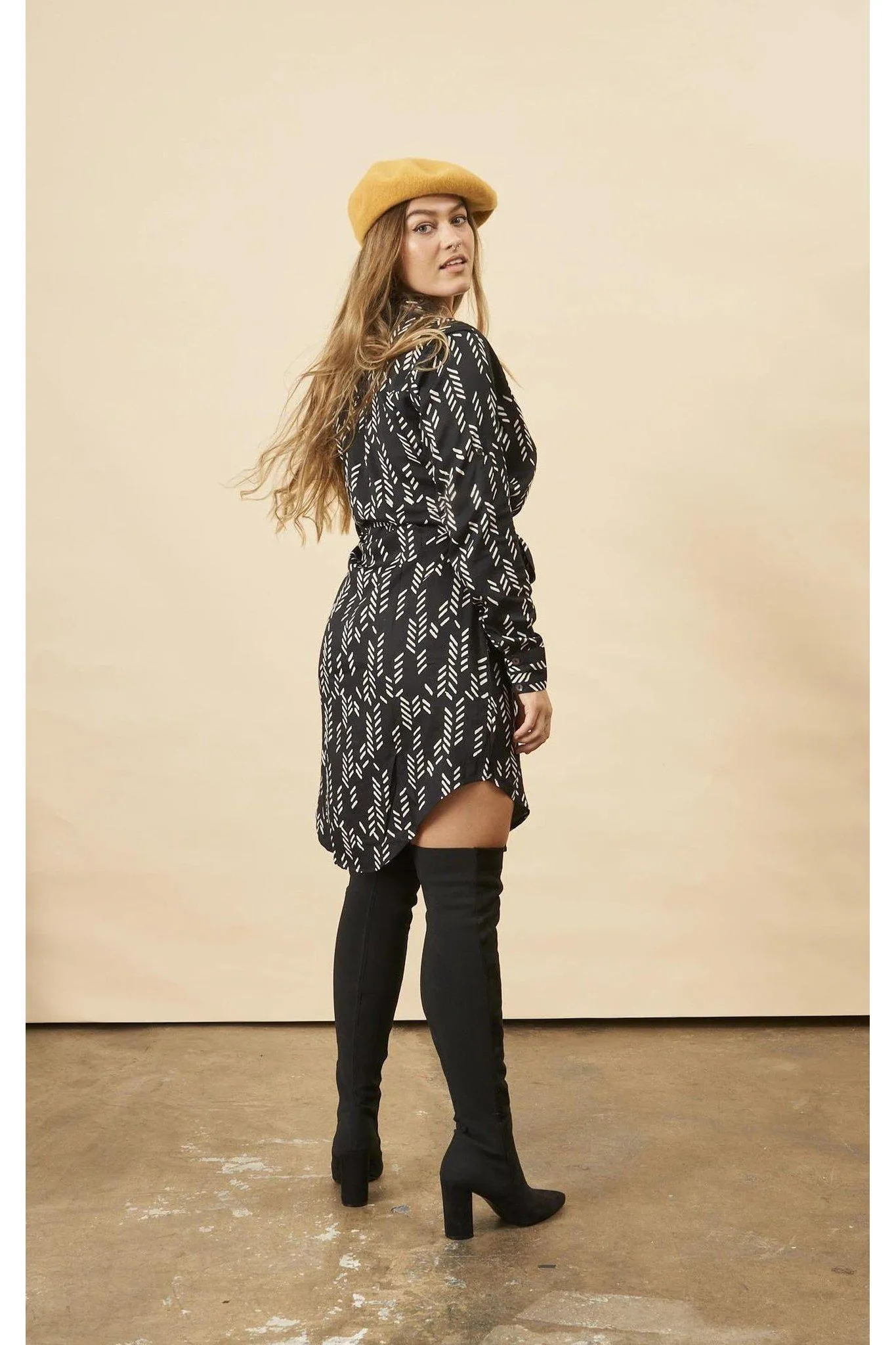 Stylized Feather Shirtdress in Black   Cream