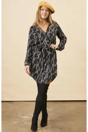Stylized Feather Shirtdress in Black   Cream
