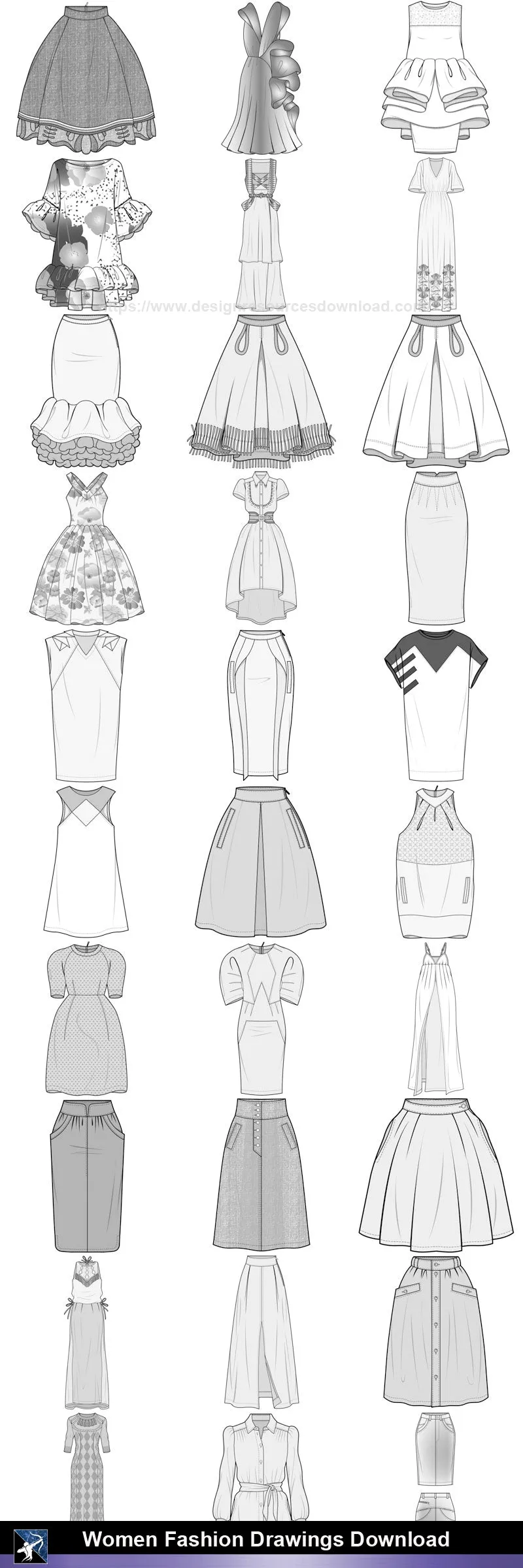 ★Women Fashion Drawings Download  V.4-Women Dresses,Tops,Skirts,Shoes Design Drawings