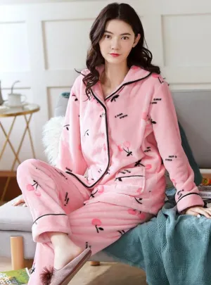 WOMEN LIGHT PINK CHERRY LONG SLEEVE WINTER SLEEPWEAR