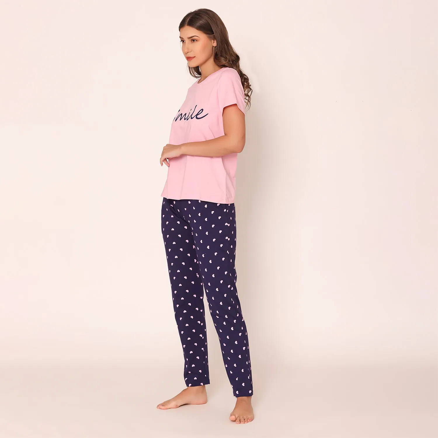 Women's Smile Typography printed T-Shirt & Lower Nightwear Set