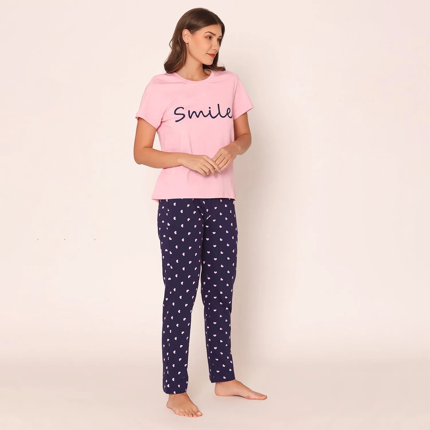 Women's Smile Typography printed T-Shirt & Lower Nightwear Set